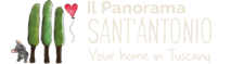 Logo Sant'Antonio: tre cipressi, cuore rosso, testo 'Your home in Tuscany'.